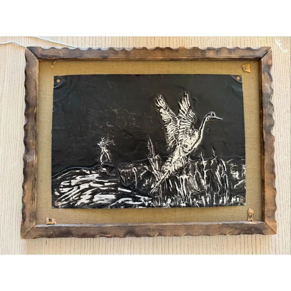 1950-1970 metal embossed artwork repousse handmade aluminum tin hunting heron ma